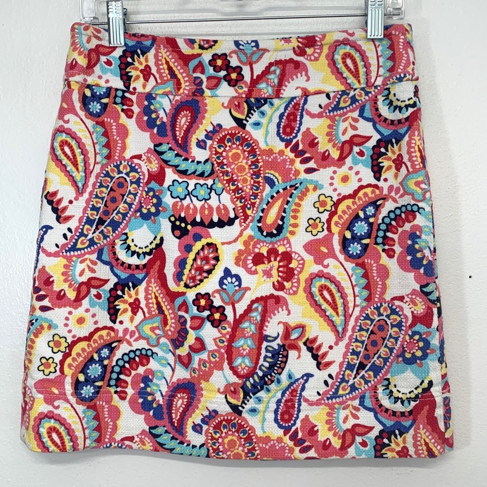 Talbots Paisley Floral Short Skirt Pink Yellow Blue Cotton Blend 4P Lined